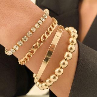 Set: Chain Bracelet + Beaded Bracelet + Rhinestone Bracelet + Bangle