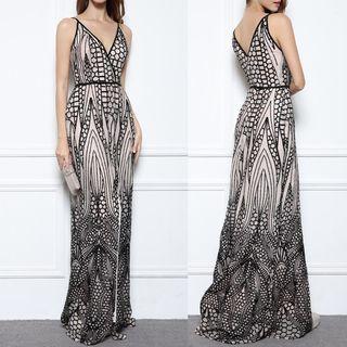 V-neck Slit-front Sequined Embroidered Evening Dress