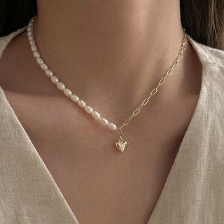 Genuine Pearl Heart Pendant Necklace Gold - Gold