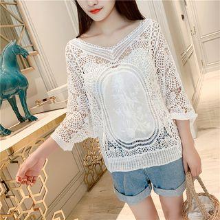 Set: 3/4-sleeve Crochet Knit Top + Camisole