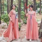 Tie-front Floral Embroidered Hanfu Maxi Dress