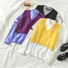 Plain Mock-neck Cutout Long-sleeve T-shirt / Knit Vest