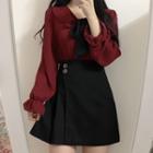 Ribbon Blouse / Buttoned Mini Skirt