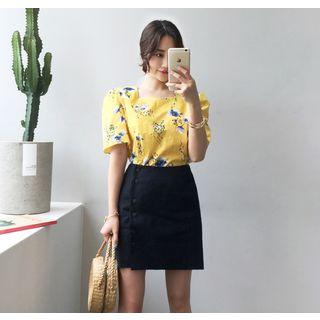 Square-neck Short-sleeve Floral Cotton Top