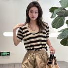 Short-sleeve Striped Pointelle Knit Top Stripe - Black & White - One Size
