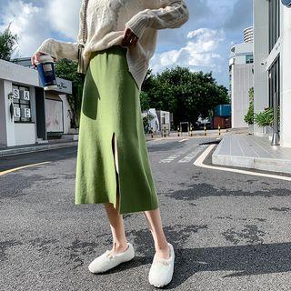 Split-side Midi A-line Knit Skirt