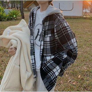 Oversized Plaid Long-sleeve Hooded Jacket