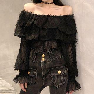 Off-shoulder Bell-sleeve Fringed Top