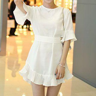 Elbow-sleeve Plain Dress