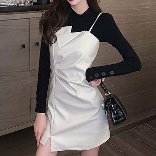 Set: Mock-neck Top + Faux Leather Strappy A-line Dress