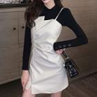 Set: Mock-neck Top + Faux Leather Strappy A-line Dress