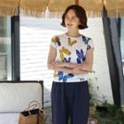 Cap-sleeve Butterfly Print Knit Top Ivory - One Size