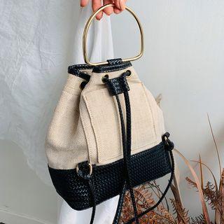 Metallic-handle Linen Blend Bucket Backpack Black - One Size