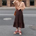 Plain Cardigan / Floral Midi Pleated Skirt