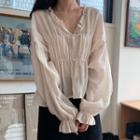 Frill-hem V-neck Long-sleeve Sheer Blouse Off-white - One Size