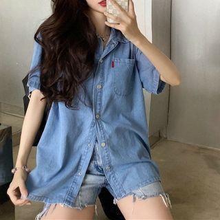 Short-sleeve Loose-fit Denim Blouse Blue - One Size