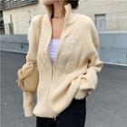 Lettering Embroidered Zip Turtleneck Cardigan