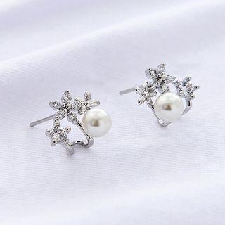 Faux Pearl Rhinestone Flower Earring 1 Pair - One Size