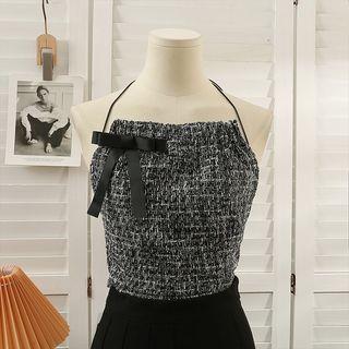 Ribbon-accent Tweed Halter Top