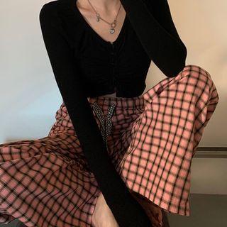 Plaid High Waist Wide Leg Pants / Long-sleeve Crop Top