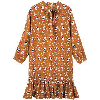 Feather Long-sleeve Dress Coffee - One Size