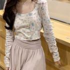 Long-sleeve Print Crop Top / Mini A-line Skirt