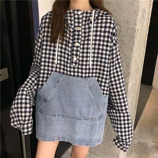 Plaid Panel Denim Long Sleeve Hooded Top As Shown In Figure - One Size