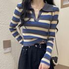Long-sleeve Collared Striped Knit Crop Top