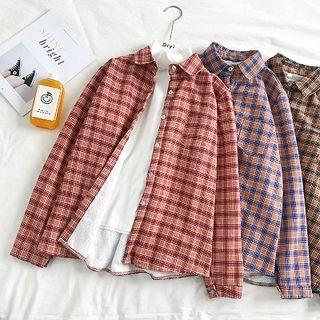 Color-block Plaid Single-breasted Fleece Shirt