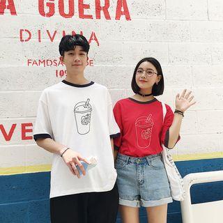 Couple Matching Contrast-trim Printed T-shirt