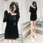 Square-neck Plain Mini Bodycon Dress Black - One Size