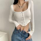 Long Sleeve Square-neck Button-up Crop Top