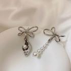 Bow Alloy Faux Pearl Asymmetrical Dangle Earring 1 Pair - Asymmetric - Silver - One Size