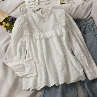Embroidered Ruffled-trim Stand-collar Loose Top White - One Size
