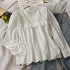 Embroidered Ruffled-trim Stand-collar Loose Top White - One Size
