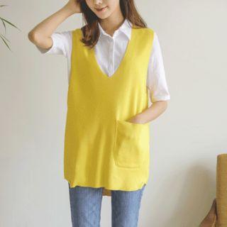 V-neck Sleeveless Long Knit Top