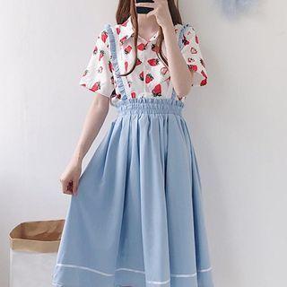 Set: Strawberry Print Short-sleeve Blouse + A-line Jumper Skirt Shirt - Strawberry - One Size / Jumper Skirt - Light Blue - One Size