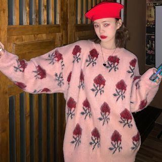 Rose Print Sweater Floral - Pink - One Size