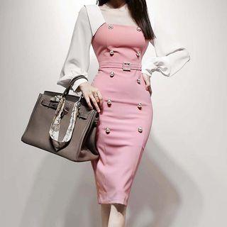 Long-sleeve Midi Color Block Sheath Dress