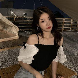 Two-tone Off-shoulder Top Black - One Size