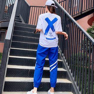 Set: Elbow-sleeve Graphic Print T-shirt + Cropped Harem Sweatpants