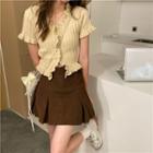 Short-sleeve Frill Trim Knit Top / Pleated Mini A-line Skirt