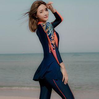 Set: Long-sleeve Leaf Print Swimsuit + Swim Skirt