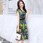 Leaf Print Short Sleeve Chiffon Dress
