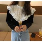 Lace Panel Velvet Top Black - One Size