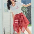 Set: Short-sleeve Printed Top + Plaid A-line Skirt