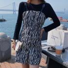 Long-sleeve Plain T-shirt / Spaghetti Strap Zebra Print Mini Dress