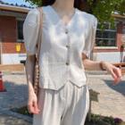 Set: Short-sleeve V-neck Blouse + Loose Fit Pants