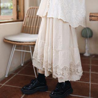 Lace Hem A-line Midi Skirt Beige - One Size