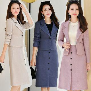 Set: Single-button Blazer + High Waist A-line Skirt